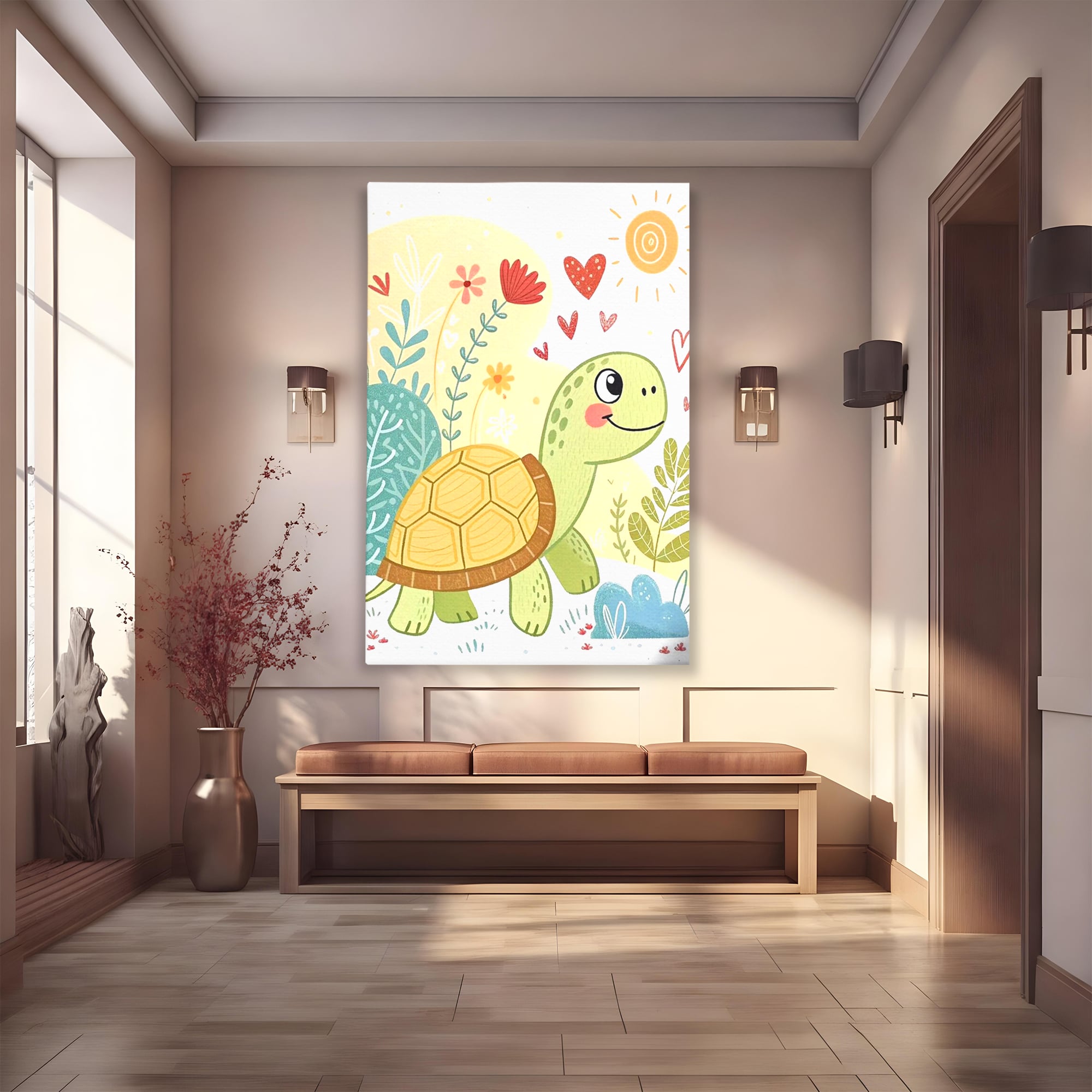 Tablou canvas cu ilustratie cu testoasa vesela printre flori, fara rama, pe sasiu de lemn